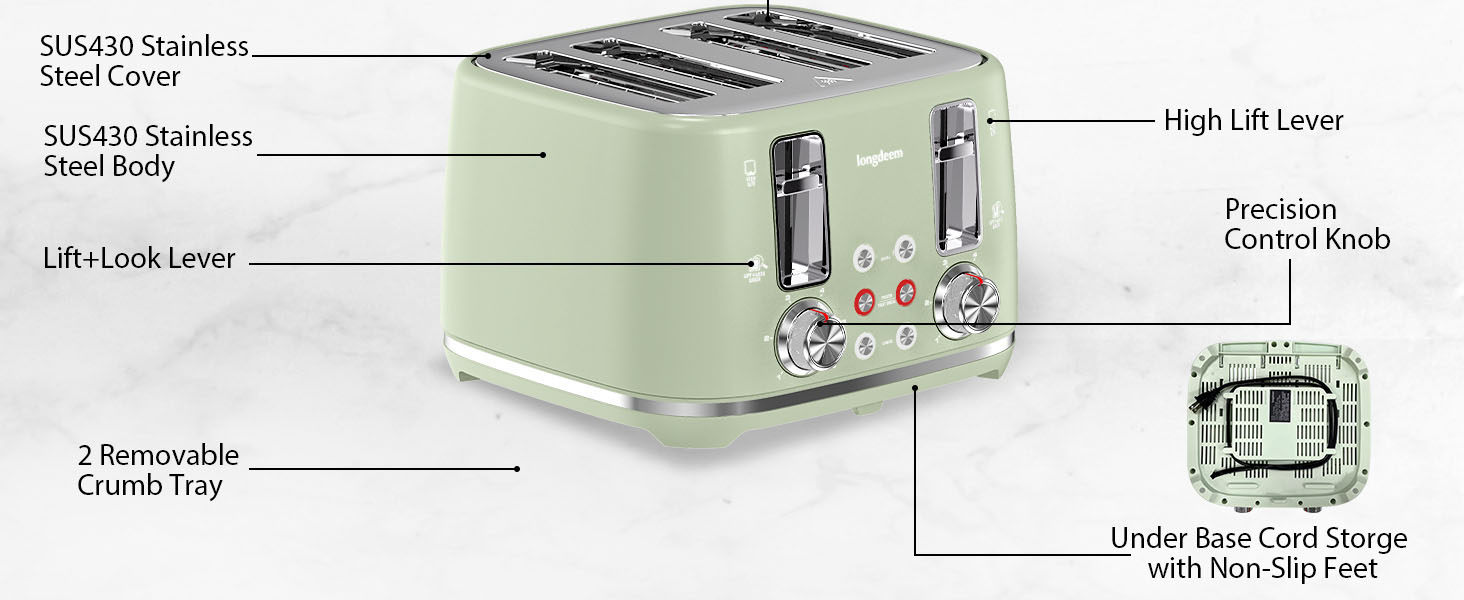 4 Slice Toaster, Extra Wide Slots, Longdeem Retro Stainless