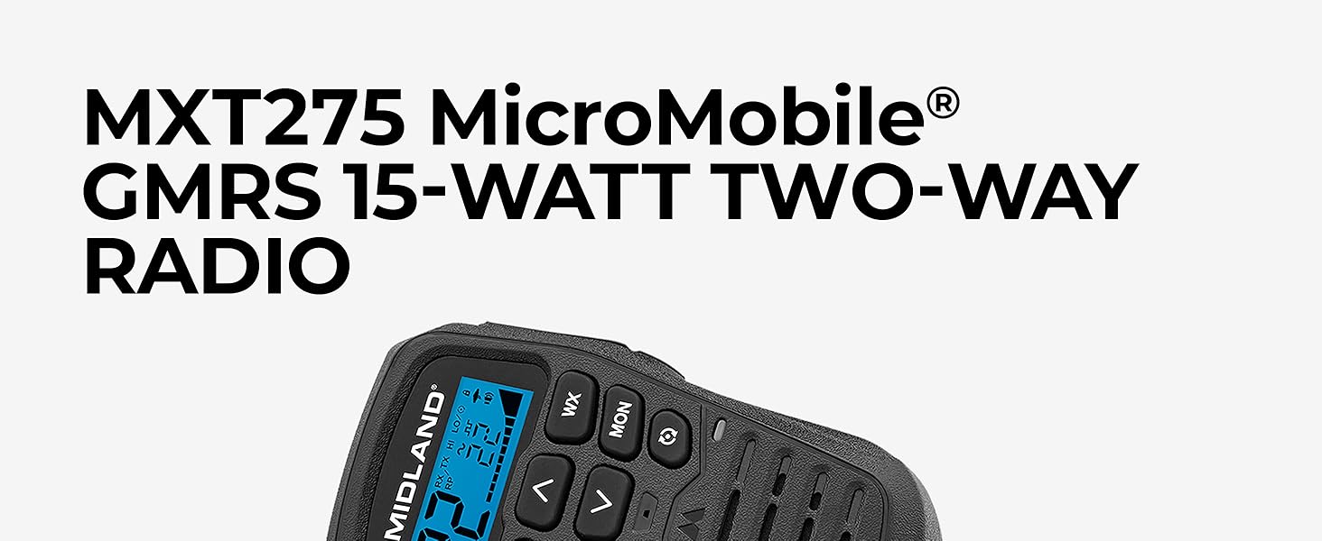 Midland – MXT275 MicroMobile® GMRS Radio – 15 watts Two-Way Radio with Integrated Control Microphone – Overland Caravanning Tractors – Detachable External Magnetic Mount Antenna - 8 Repeater Channels 10 MXT275