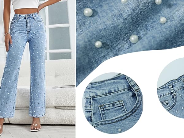 EZAPINE Pull On Jeans for Women High Waisted Straight Leg