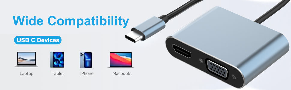 avec ports HDMI et VGA. Les icônes de compatibilité indiquent un ordinateur portable, une tablette, un téléphone et un MacBook. Boîtier métallique gris avec connecteur USB-C bleu