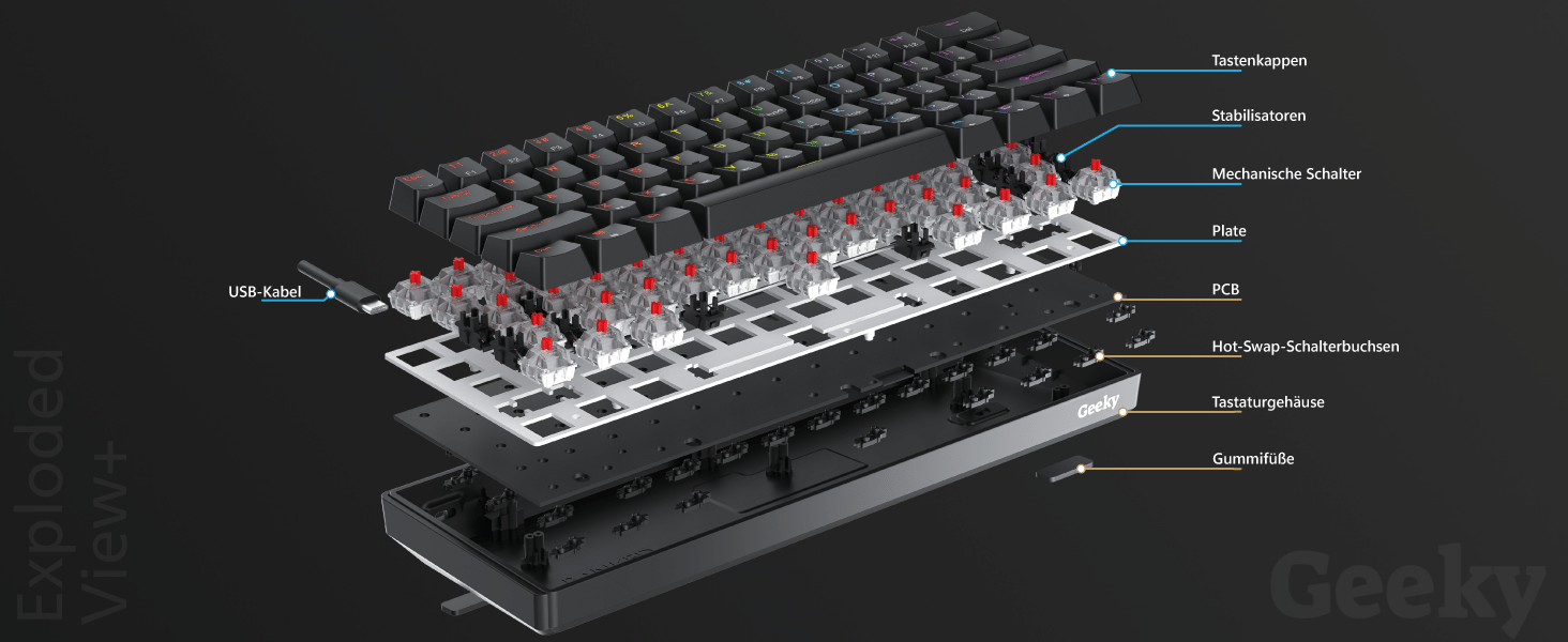 Geeky gk61 Hotswap mechanical gaming keyboard 60% form factor dk61se gk61se gk 60% exploded view