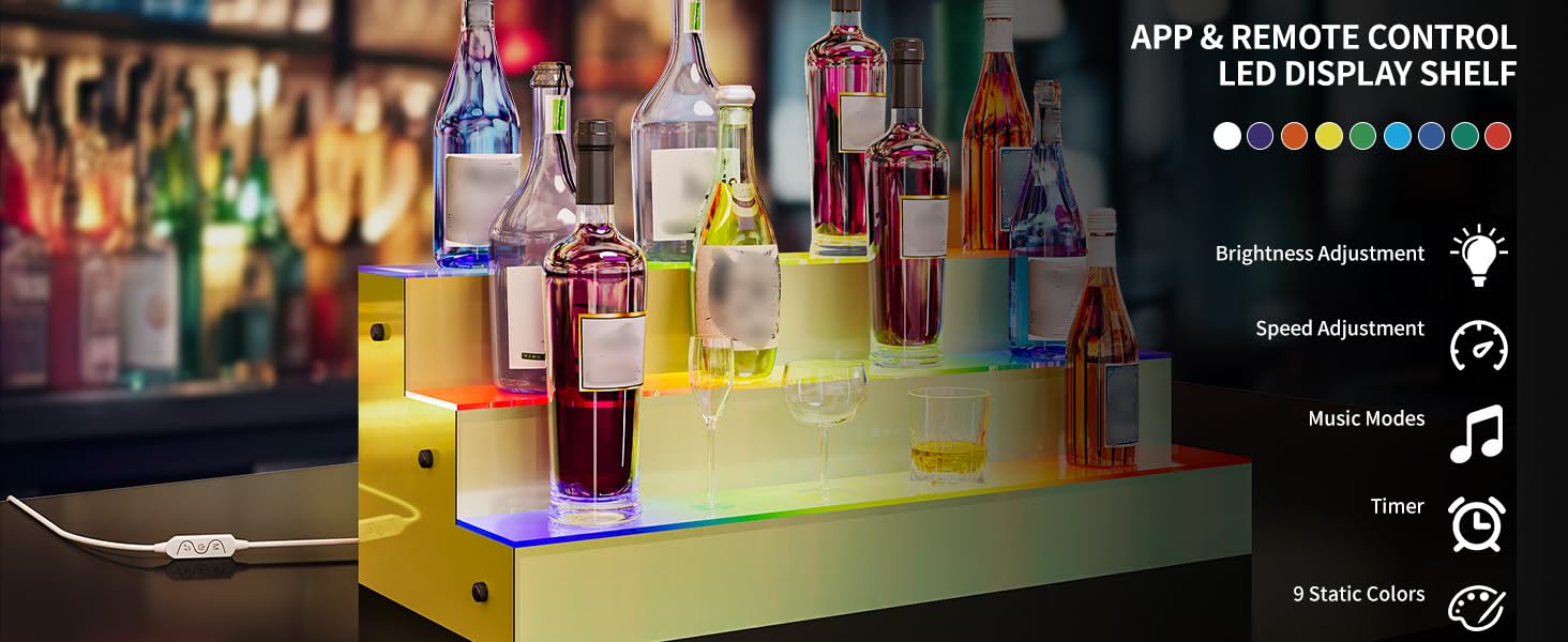 YITAHOME LED Liquor Bottle Display Shelf 3 Tier 40Inch Lighted Bar Shelves Colorful