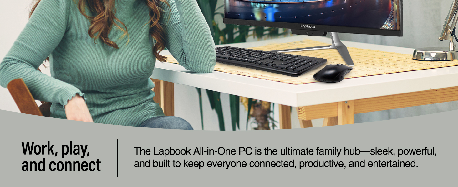 Text reads: 'Work, play, and comfort'. Shows desktop setup with computer monitors, keyboard, and ergonomic office furniture arrangement.