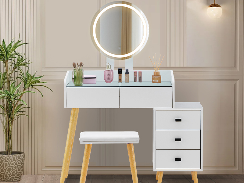 LEMROE Dressing Table with Hollywood Mirror, Tempered Glass Top Vanity