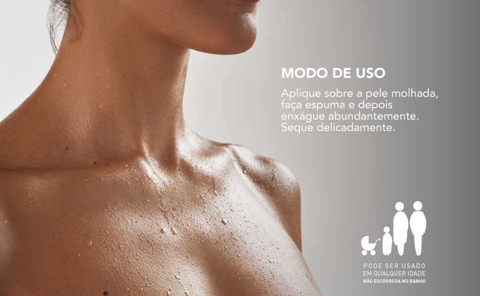 aplique sobre a pele molhada, faça espuma e depois enxágue