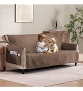 Pamhaven Quilted Raw Umber Sofa Slipcovers with Pockets, Anti-Slip Medallion Couch Covers for 3 C...