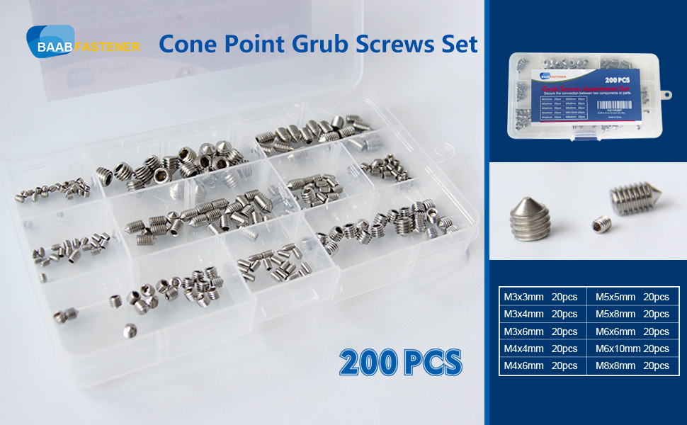 BAAB FASTENER 200PCS Grub Screws Assorted for Door Handles, M3 M4 M5 M6