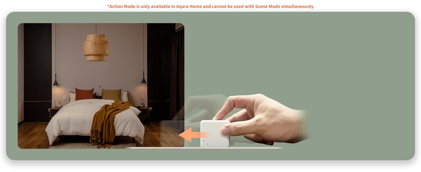 a hand is holding a remote control in front of a bed.