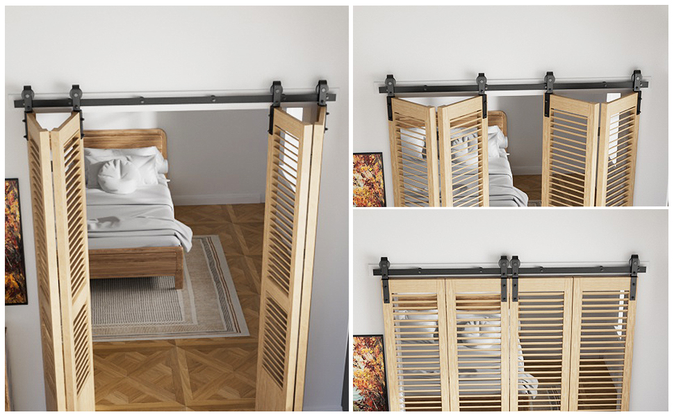 Schiebetürsystem mit Holzpaneelen auf Metallschiene. Mehrere Ansichten zeigen offene, teilweise geschlossene und vollständig geschlossene Türen, wodurch Stauraum für Bettwäsche