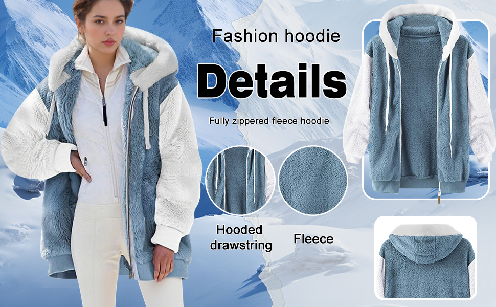 Le texte indique « Sweat à capuche tendance » et « Détails ». Plusieurs vues d'une veste polaire à capuchon avec cordon de serrage, présentée dans des variations claires et foncées, montrant les angles avant et latéraux.