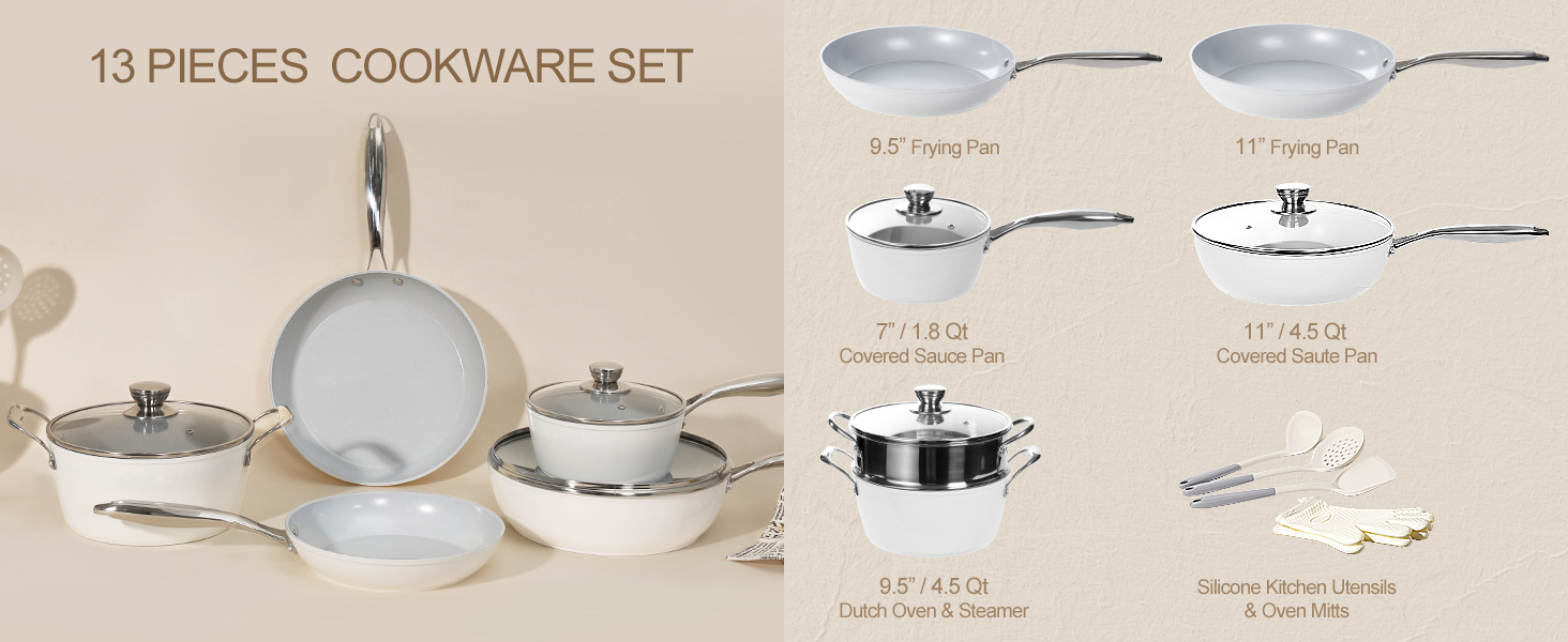TIAJO 13 Pcs Nonstick Ceramic Cookware Set