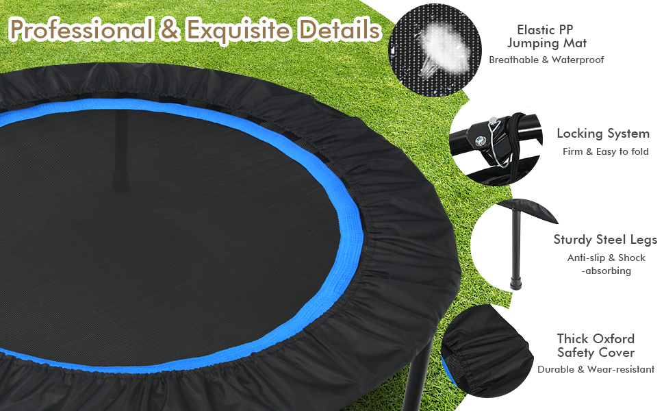Costway 40” Foldable Trampoline with 2 Resistance Bands, Mini Rebounder w/Height Adjustable Handrail