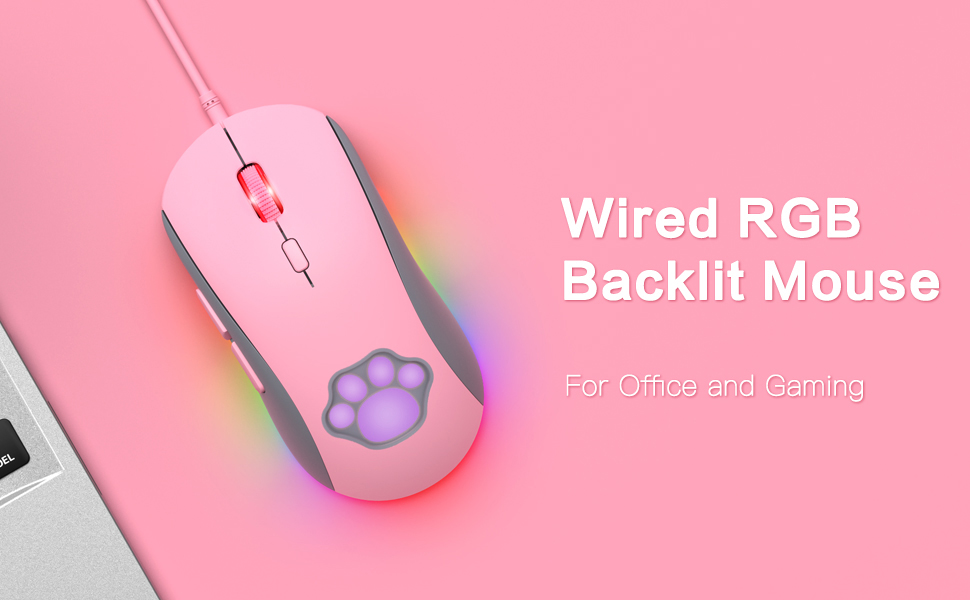 PHNIXGAM Cat Paw RGB Gaming Mouse, Silent Optical Computer Mice USB