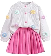 WDIRARA Toddler Girl's 2 Piece Outfits 3D Flower Button Down Cardigan and Pleated Aline Skirts Set