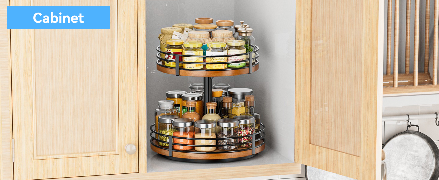the 2 tier wood lazy susan is used for cabinet