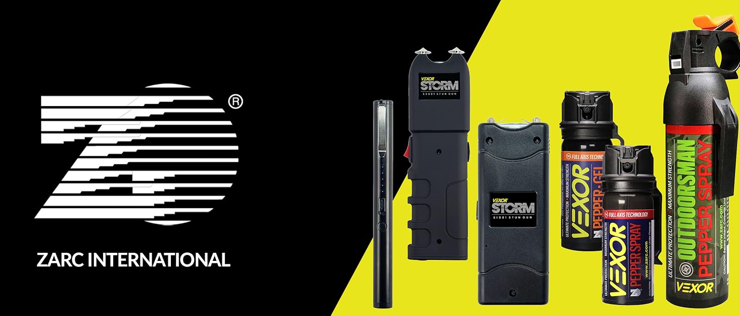 compact black stun gun with visible arc and safety switch
