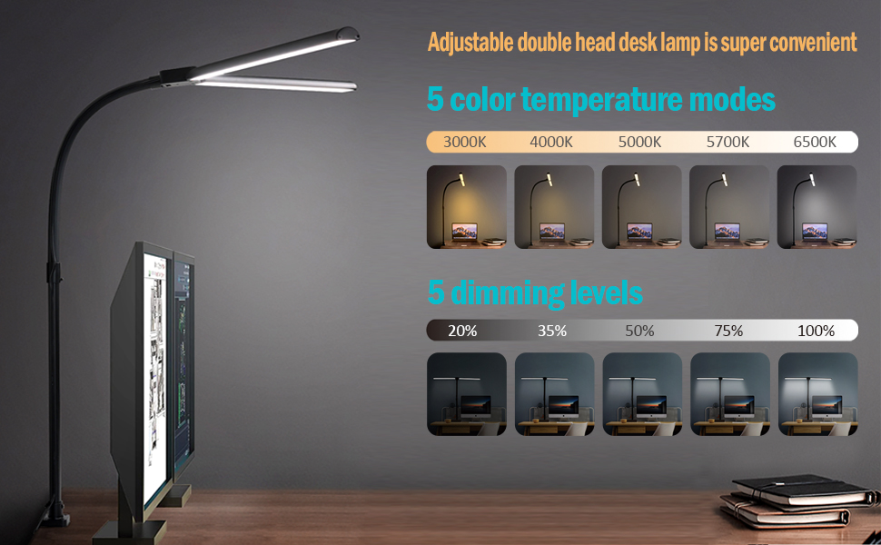 Duktig LED Desk Lamp, Double Head Computer Lamp, Bright Modern Desk Lamp 5 Color Modes and 5