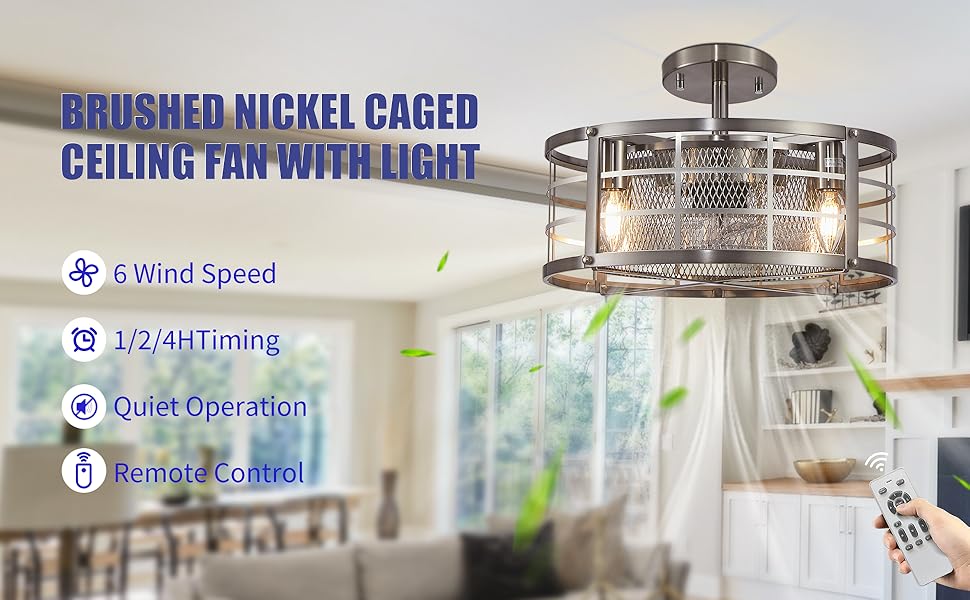 Eatich Caged Ceiling Fans with Lights and Remote, Brushed Nickel 15.8