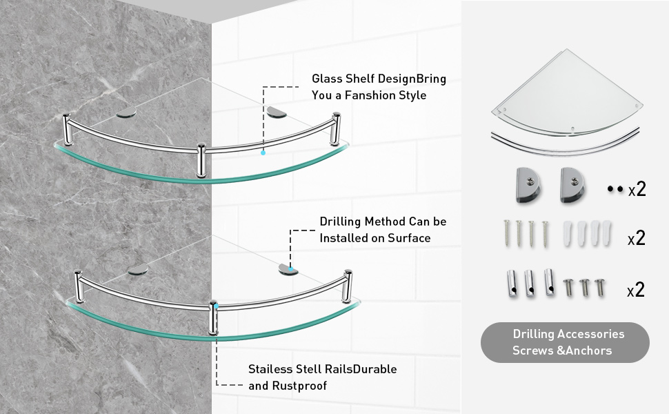 YorkHoMo Glass Shower Shelves Caddies Tempered Bathroom Glass Shelf