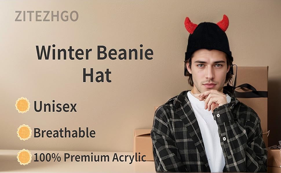 Devil Horn Beanie for Men Women Y2K Halloween Beanie Horns