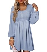 Dokotoo Womens 2025 Casual Dress Smocked Crewneck Button Up Long Sleeve Empire Waist A-Line Mini ...
