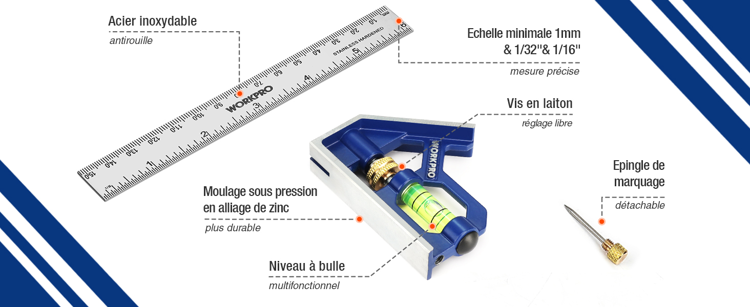 WORKPRO Règle D'angle De Combinaison, Equerre à Combinaison 150mm En Acier Inoxydable, Equerre Combinée Avec Niveau à Bulle Et Tire-Lignes Pratique, Idéal Pour Mesure, Marquage 13 1
