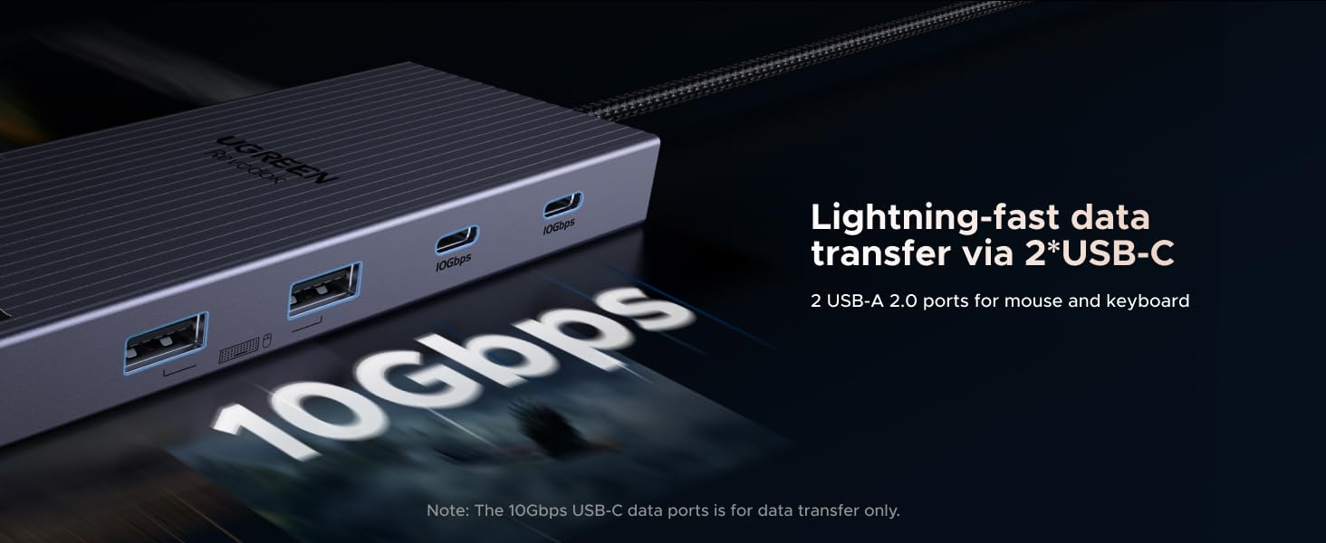 USB-C hub with multiple ports, featuring lightning-fast 10Gbps data transfer speed. Device shown in dark gray with two visible USB-C ports.