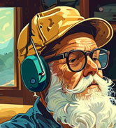 Ilustración de un hombre mayor con barba blanca con sombrero amarillo y gafas, con auriculares azules, sobre un fondo colorido.