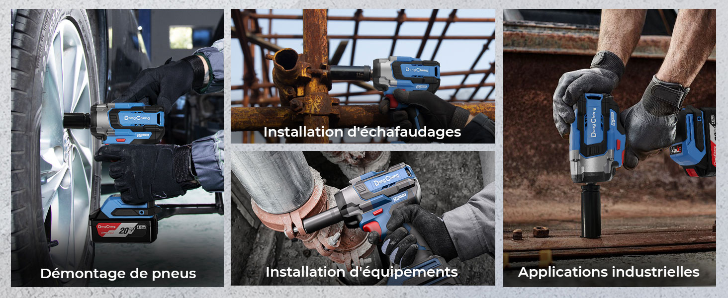 Le texte se lit comme suit : « Démarrage de pneus », « Installation d'équipements », « Applications industrielles ». Série d'images d'outils industriels montrant divers outils et équipements électriques en cours d'utilisation.