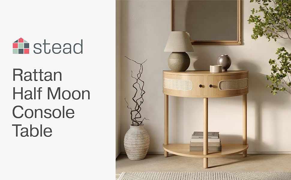 Rattan Half Moon Entry Table Small Console Table with