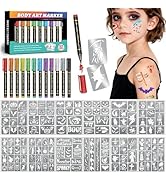 Temporary Tattoo Markers for Skin,12 Body Markers + 135 Halloween Tattoo Stencils for Kids Adult,...