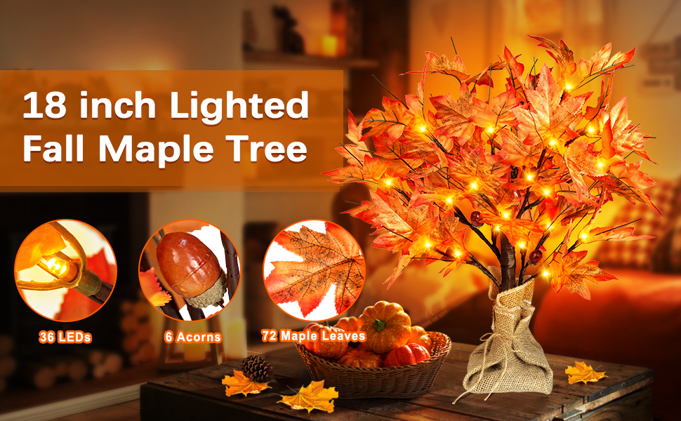 FastDeng 1.5ft Lighted Maple Tree, Artificial Fall Maple