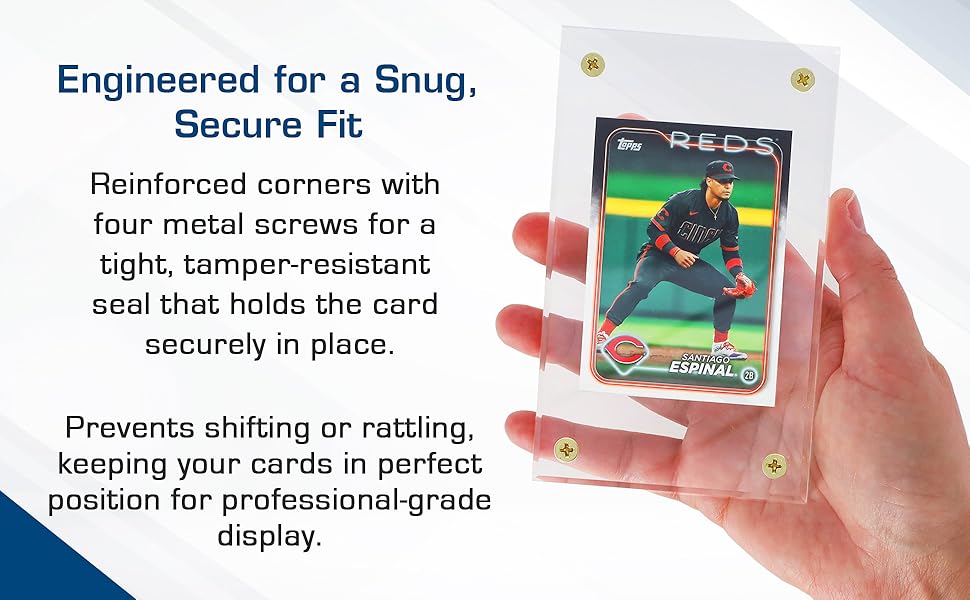 Reinforced corners and metal screws ensure a snug, secure fit for your cards.