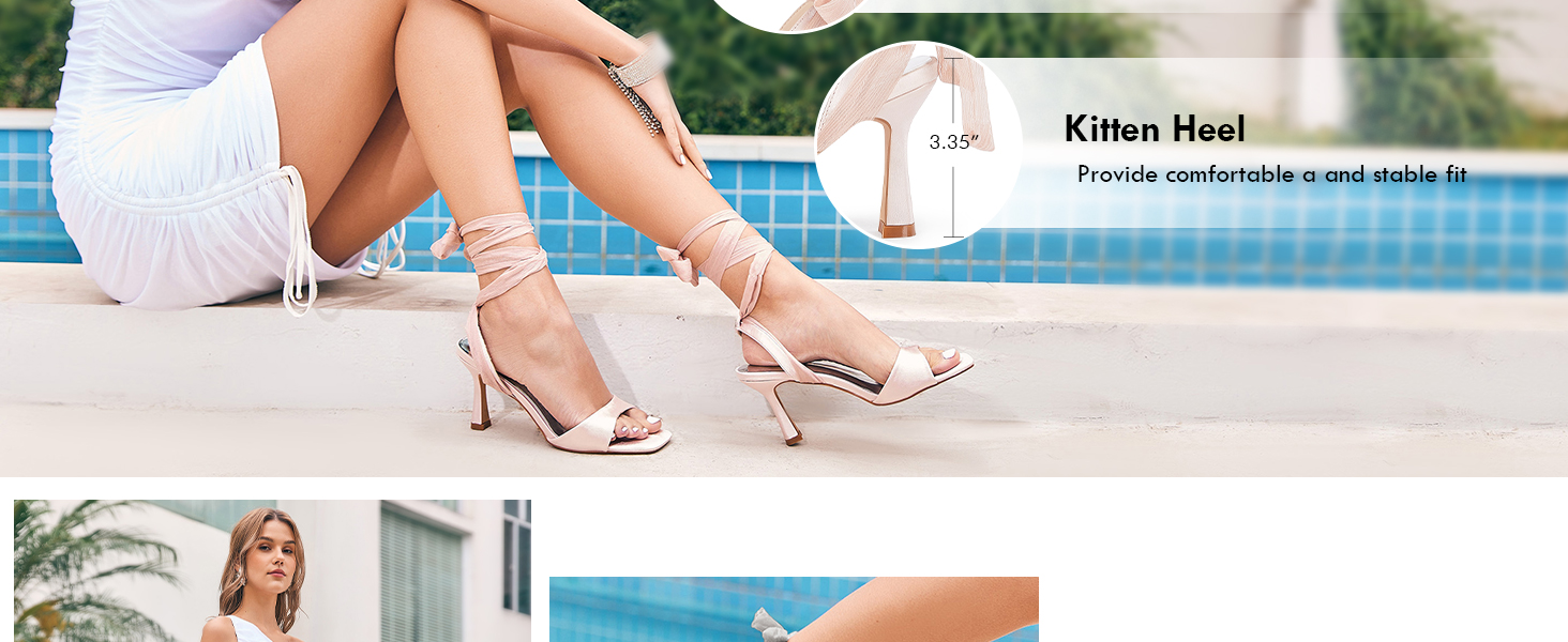 Coutgo Womens Strappy Lace Up High Heels Sandals Square Open Toe Satin Kitten Heels