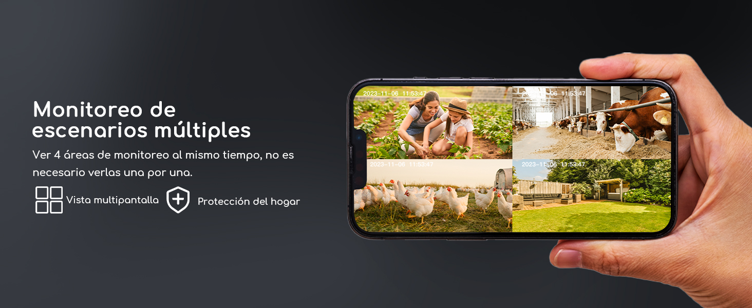 Demonstração da interface de segurança do smartphone que mostra a capacidade de monitorização multi-cena com visualização em ecrã dividido e funcionalidades de