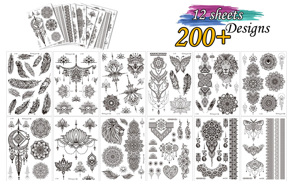 Verzameling tijdelijke tattoo-ontwerpen met ingewikkelde patronen, mandala's, bloemen en vlinders. De tekst geeft '12 bladen' en '200+ ontwerpen'