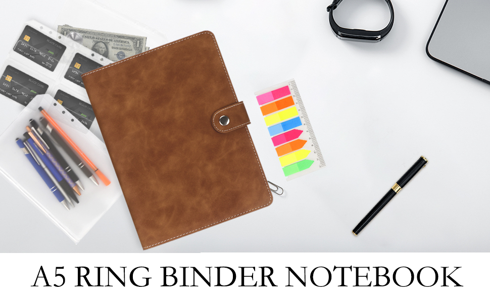 Femolity Leather A5 Ring Binder Notebook, 6 Ring A5 Binder with A5