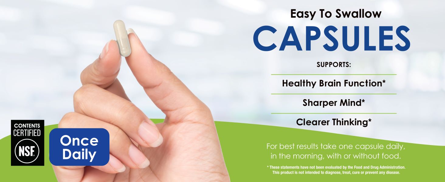 Easy to swallow capsules once daily supports healthy brain function sharper mind clearer thinking*