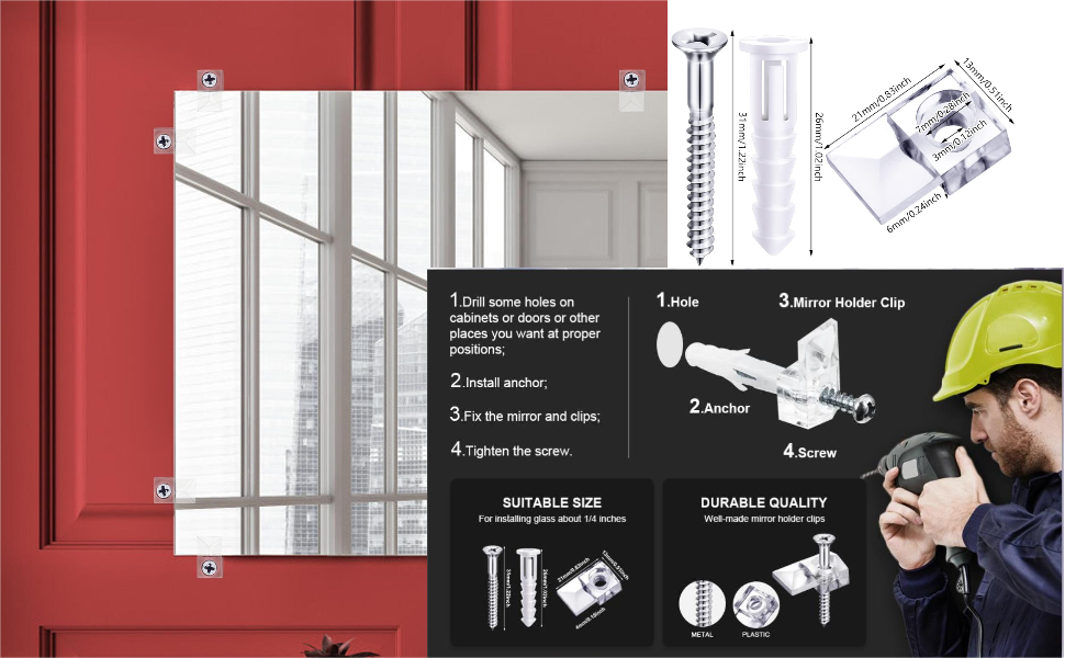 GUIYAL 20 Sets of Mirror Holder Clips Kit，Crystal Clear Plastic Mirror