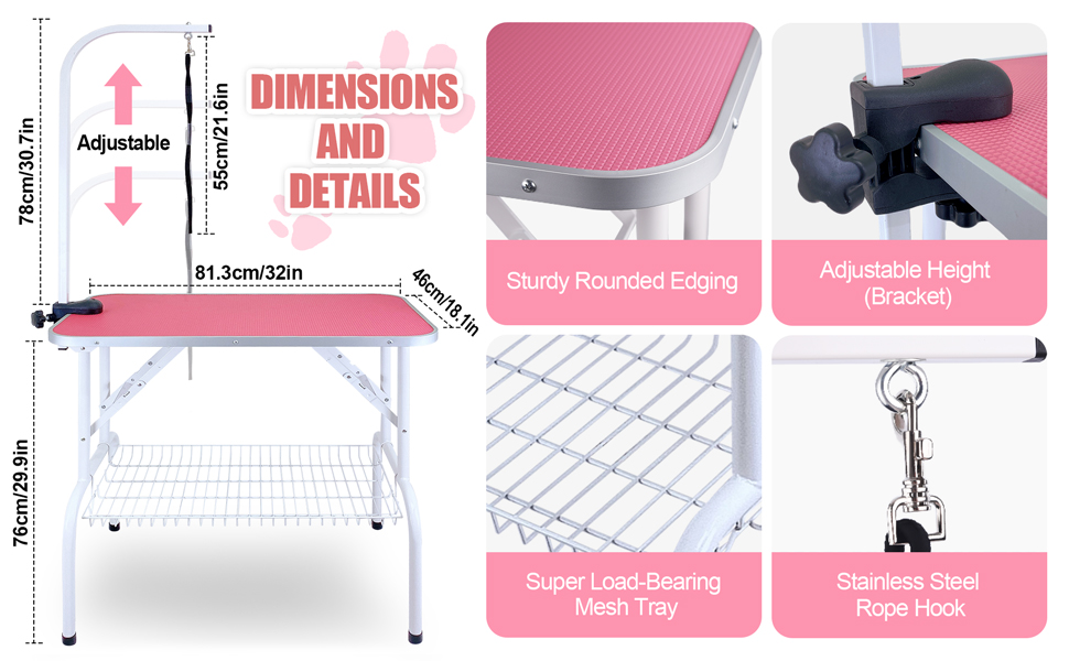 Kalolary 32inch Pet Dog Grooming Table with Adjustable Height Arm, Loop