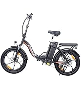 Foldable electric bike with black frame, 20-inch wheels, rear rack, and front suspension. Features disc brakes, adjustable seat, and integrated battery pack.