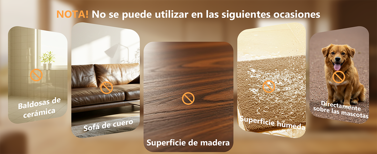 Infografía que muestra superficies inadecuadas para un producto: baldosas de cerámica, sofá de cuero, superficie de madera, superficie rugosa y la imagen de un perro. El texto en español indica que está prohibido