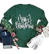 Merry Christmas Tshirt Women Funny Letter Print Christmas Tree Graphic Tee Tops Casual Long Sleev...