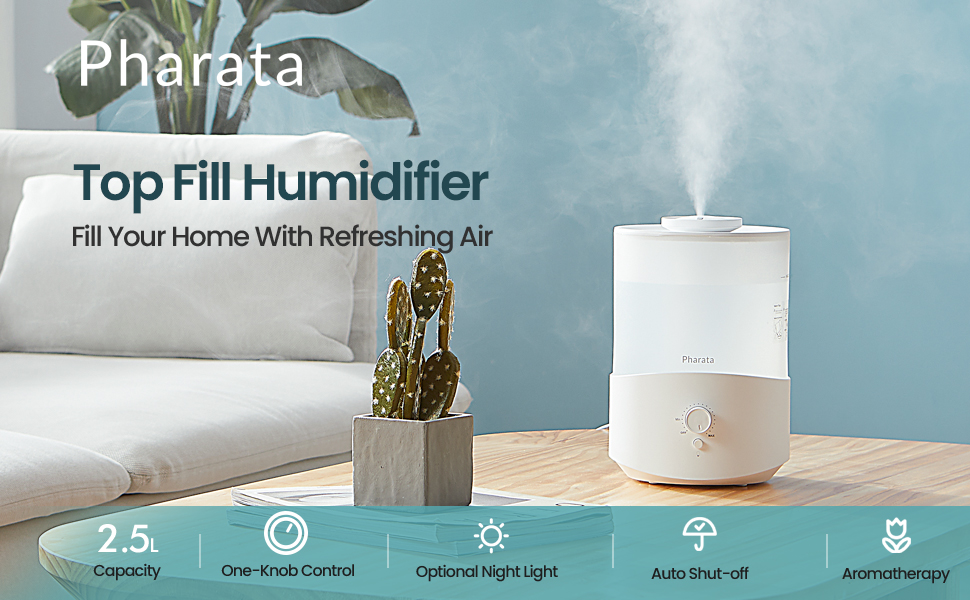 Pharata Humidifiers for Bedroom Large Room, 2.5L Cool Mist Humidifier