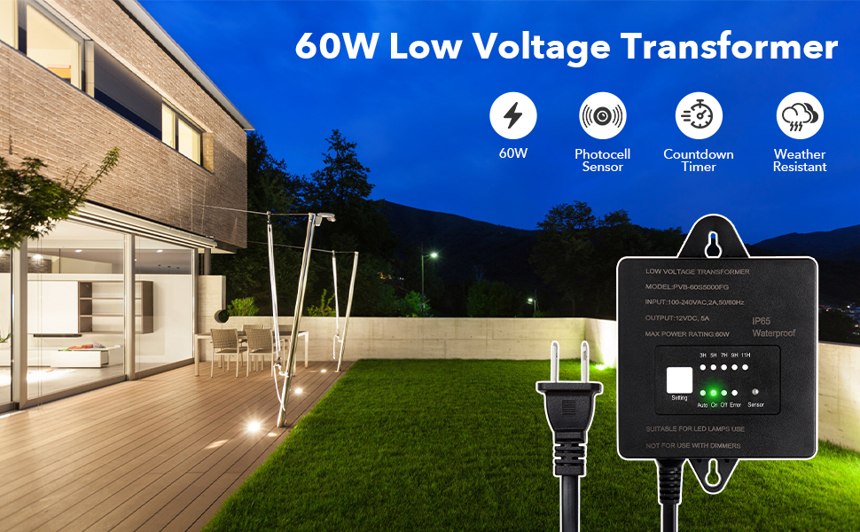 Paktonvo 60W Low Voltage Transformer with Timer and Photocell Sensor