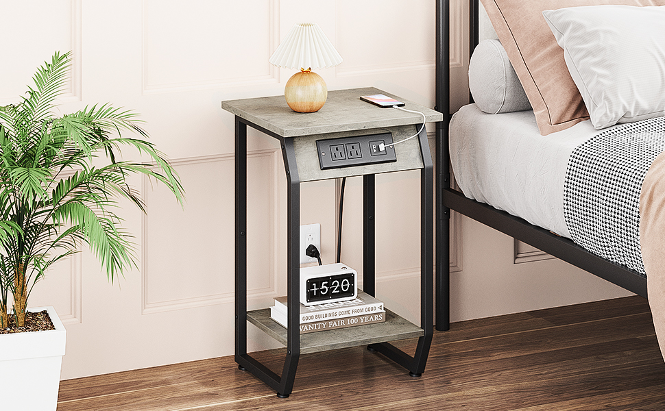 Amyove Side Table with Charging Station, Vintage End Table with USB Charging Ports