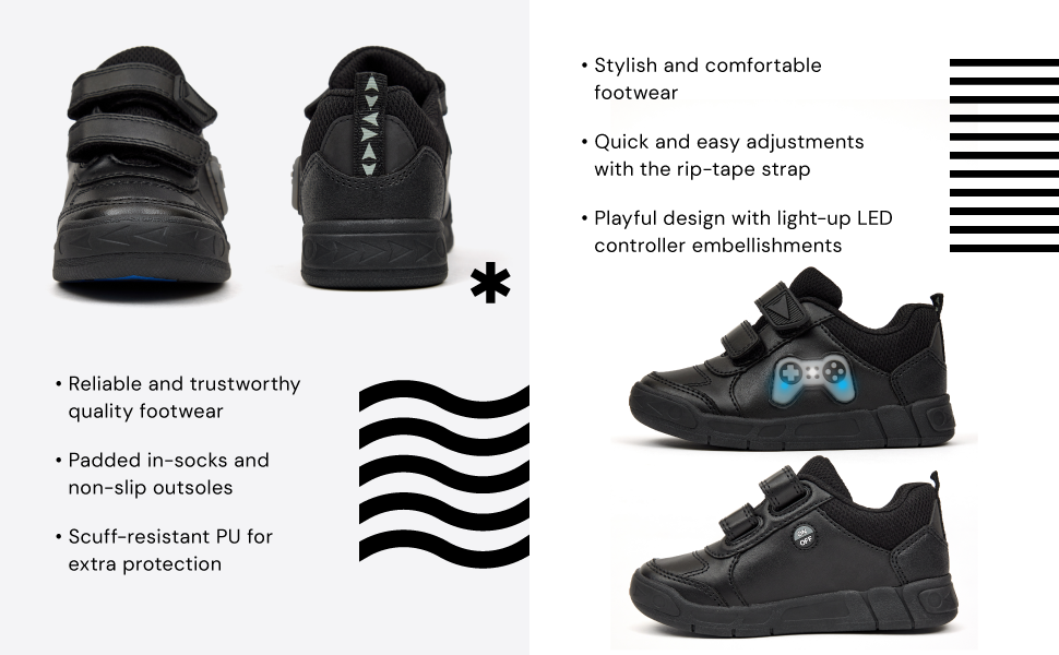boys trainers black school shoes size 2 kids lighting LED velcro game gamer gaming