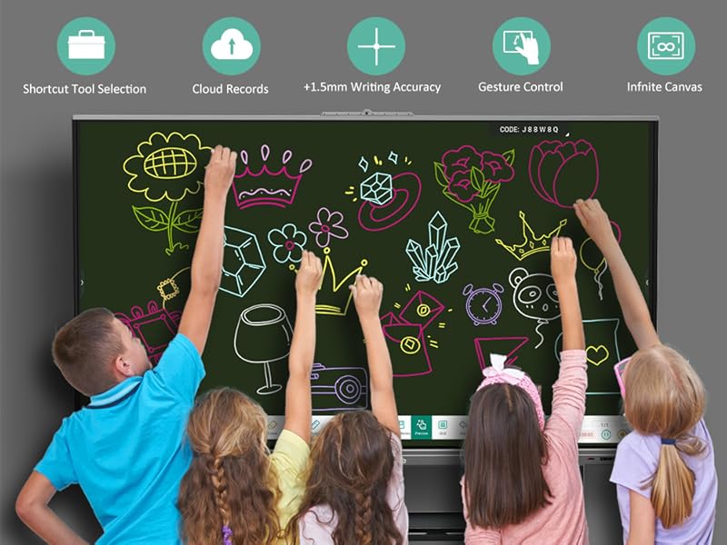 children practice drawing together on the Smart Board, their creations can be saved to the cloud