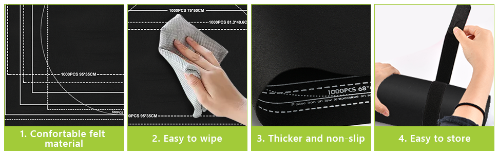 Four-panel product demonstration showing felt material features: comfortable texture, easy-to-wipe surface, thick non-slip construction, and compact storage capability.