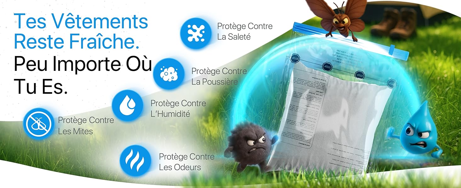 Le texte se lit comme suit : « Tes Vêtements Reste Fraiche, Peu Importe Où Tu Es ». Icônes bleues montrant des caractéristiques liées à la lessive superposées à l'image de vêtements et de gouttes d'eau.
